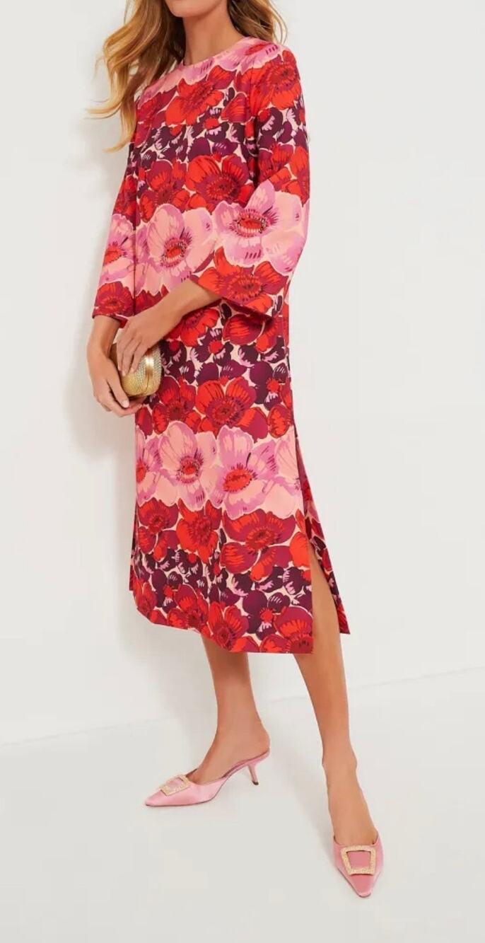 Tuckernuck Midi Dress Pink Poppy Stripe Hutton Floral Long Bell Sleeve size XL